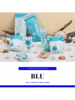 Set di cortesia per hotel dai colori azzurro e blu