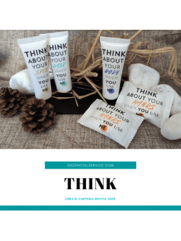 Pacco starter pack della linea di cortesia per hotel e B&B THINK. Una linea di cortesia moderna ed allegra